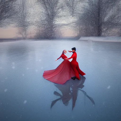 Prompt: a beautiful couple dancing tango in a frozen lake, girl wears a red dress, trending Artstation, smooth, snow weather, illustration, romantic , octane render