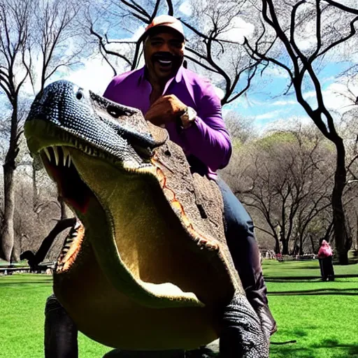 Image similar to steve harvey riding a dinosaur in central park