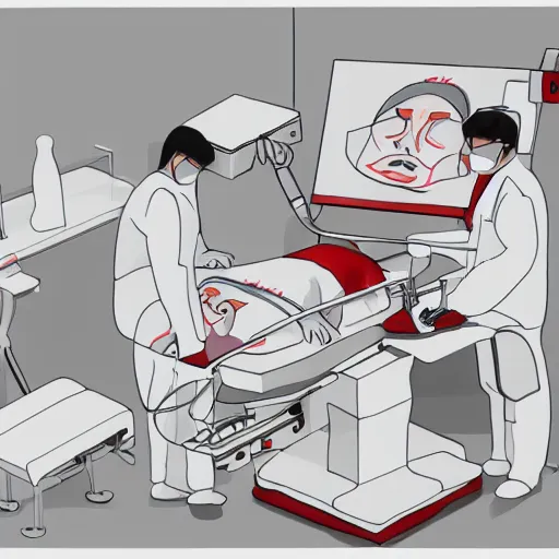 Prompt: chinese surgeons operating on a body on an operating table, in the style of daniel johnston, 8k, line brush, minimal, overlaid with chinese adverts