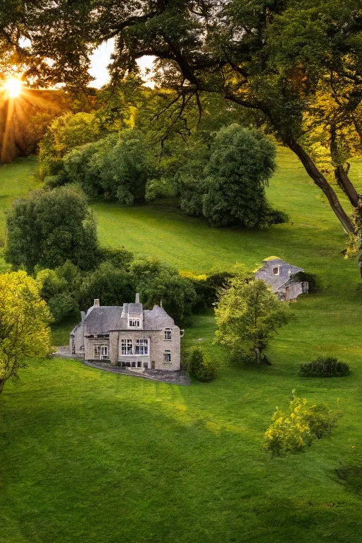 Image similar to movie screenshot wide-shot landscape with big stone edwardian house in the garden, apple trees, beautiful ambiance, golden hour, sharp focus, highly detailed,