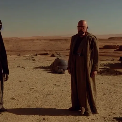 Prompt: Walter White visiting Tatooine, movie screenshot from Star Wars