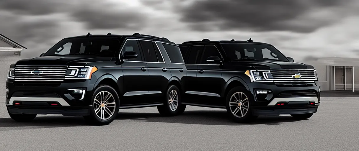 Prompt: a black suv inspired by a 2 0 2 2 chevrolet suburban and 2 0 2 2 ford expedition parked in a vehicle dealership, a digital rendering, trending on cg society, regionalism, ultrafine detail, rendered in unreal engine, reimagined by industrial light and magic