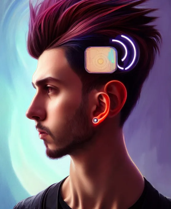 Image similar to a whirlwind inside the metaverse, guy, male, man, machine face, fashionable haircut, piercing, half body, neurochip, android, cyberpunk face, by loish, d & d, fantasy, intricate, elegant, highly detailed, colorful, digital painting, artstation, concept art, art by artgerm and greg rutkowski and alphonse mucha