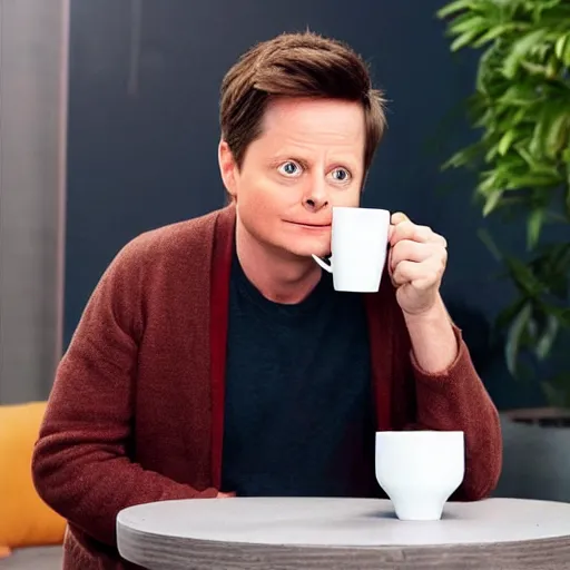 Image similar to Michael J Fox drinking coffee put a poop emoji mug