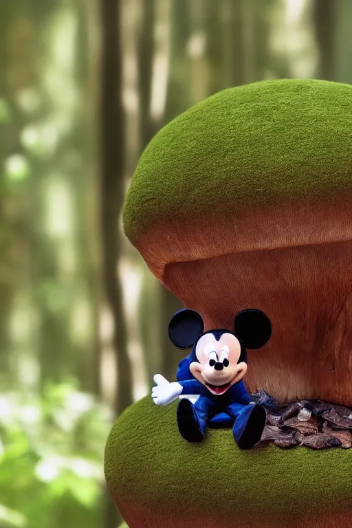 Image similar to in the center of the forest, a plush mickey mouse sits on a mushroom, super realistic, extremely high detail, cinematic 8k