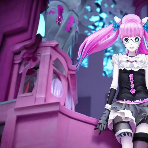 Image similar to trapped by stunningly beautiful omnipotent megalomaniacal anime agi goddess who looks like junko enoshima with symmetrical perfect face and porcelain skin, pink twintail hair and mesmerizing cyan eyes, taking control while smiling, inside her surreal vr castle, hyperdetailed, digital art from danganronpa, unreal engine 5, 8 k