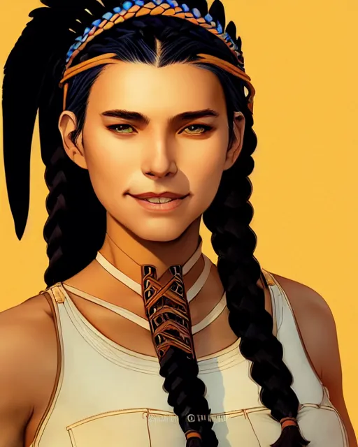 Prompt: in the style of artgerm and Andreas Rocha and Joshua Middleton, pretty Native American young woman with braids and warpaint on, smile on face, Symmetrical eyes symmetrical face, full body, prairie in background, natural lighting, warm colors