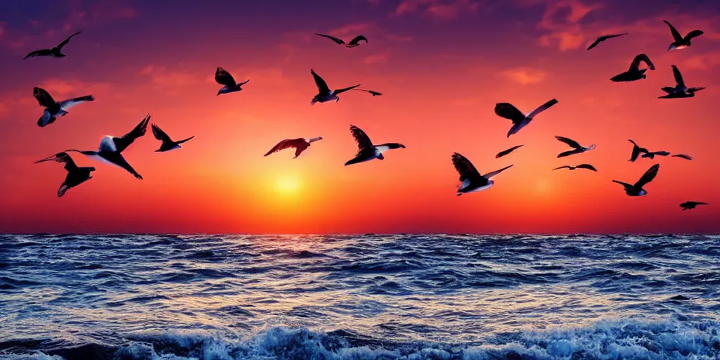 Prompt: seagulls flying over the ocean during the sunset, realistic