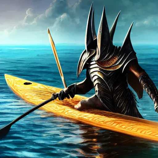 Image similar to lord sauron on his new paddle, digital art, trending on art station, high quality, uhd 8 k, beautiful, golden hour, intricate detail, high gradient, raytracing