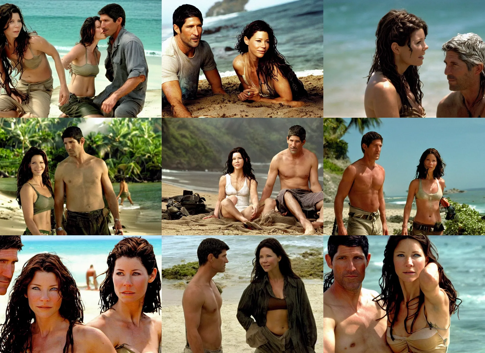 Prompt: evangeline lily as kate austen on a tropical beach with matthew fox as jack shephard, tv series lost ( 2 0 0 4 )