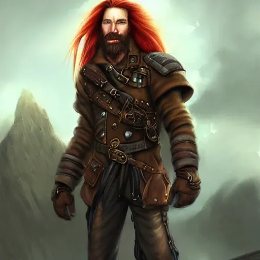 Image similar to portrait of a rugged!!!! male captain with long red hair!!!!!!, upper body, flowing hair, ethereal, handsome, leather coat, Steampunk airship!!!!!!!, D&D, fantasy, simple clothing!!!!, elegant, highly detailed, digital painting, deviantart, artstation, concept art, sharp focus, illustration, art by Artgerm and Greg Rutkowski and Alphonse Mucha