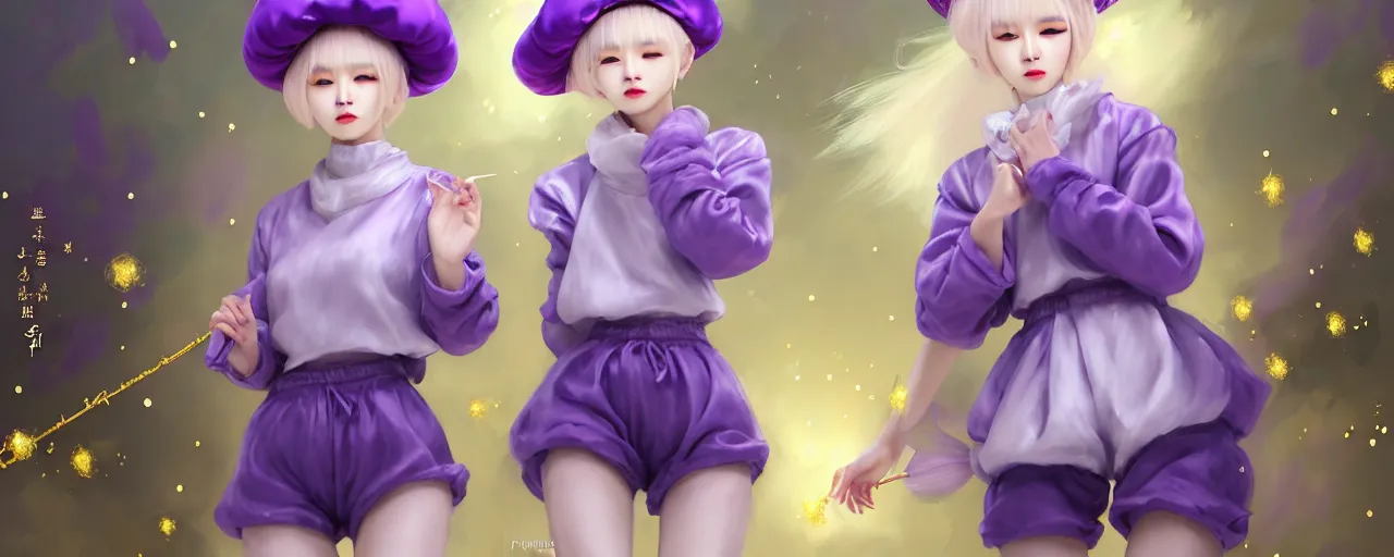 Image similar to Full View of a mysterious kpop fairy maidens with short blond hair wearing an oversized purple Beret, Baggy Purple overall shorts, Short Puffy pants made of silk, silk shoes, a big billowy scarf, Golden Ribbons, white leggings Covered in stars. Short Hair. peasant magic. masterpiece 4k digital illustration by Ruan Jia and Mandy Jurgens and Artgerm and william-adolphe bouguereau, award winning, Artstation, art nouveau aesthetic, Alphonse Mucha background, intricate details, realistic, panoramic view, Hyperdetailed, 8k resolution, intricate art nouveau, smooth, sharp focus