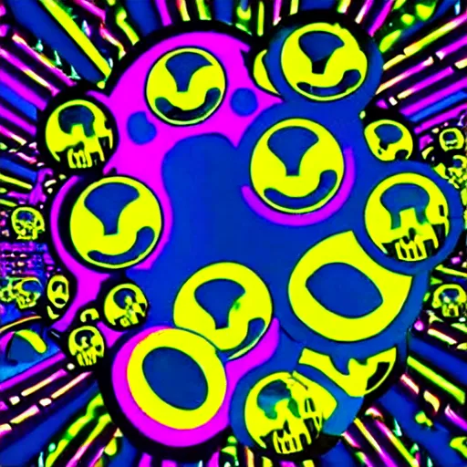 Prompt: acid house music rave graphics psychedelic illustration smiley trippy ecstasy dnb jungle