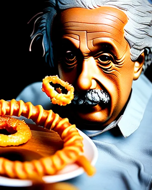 Prompt: A photo of Albert Einstein eating jalebi, highly detailed, trending on artstation, bokeh, 90mm, f/1.4