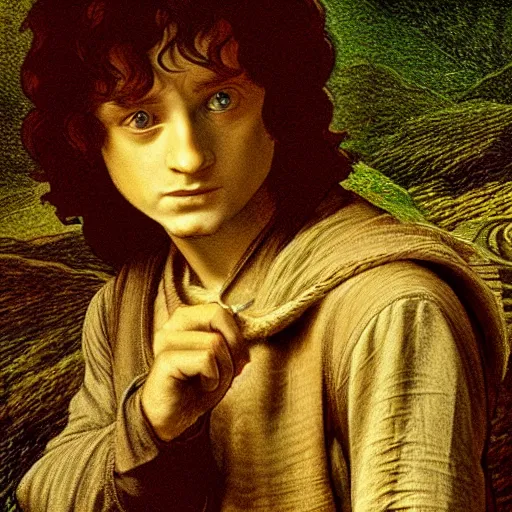 Image similar to frodo baggins in the shire In the style of leonardo da Vinci, detailed 4k photograph