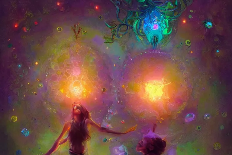Image similar to yoni, yoni art, psychedelic, whimsical, 4k, beautiful, a crystal and flower, reflective pool, surrounded by gems, underneath the stars, rainbow fireflies, trending on patreon, deviantart, twitter, artstation, volumetric lighting, heavy contrast, art style of Greg Rutkowski and Miho Hirano and Ross Tran