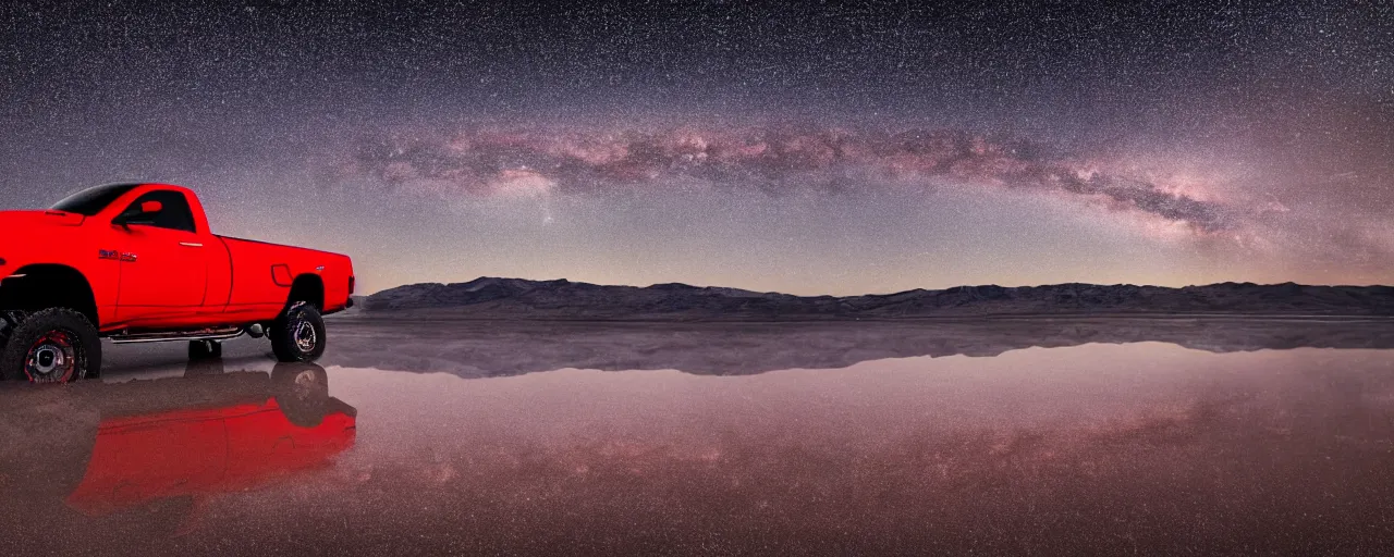 Image similar to dodge ram red power wagon speeding on wet salt flats at night, reflections, long exposure, milky way, Sayem Reza, poster