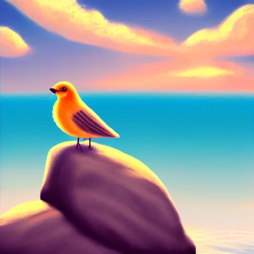 Prompt: ilustration a cute little bird perched on a rock watching the ocean and the waves with their foam, the sky with fluffy clouds and makes a warm light, sharp focus, highly detailed, artstation