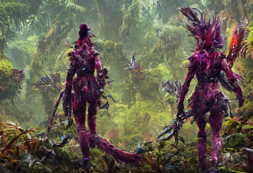 Prompt: explorer woman walking in animal fur armour, walking in a dense alien snow covered jungle with colourful red, blue and purple plants, large vines, mossy organic rock structures, in the style of monster hunter world, like concept art on artstation, hyperdetailed, vray render, octane render,
