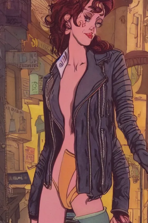 Image similar to portrait of an attractive young female protagonist, center focus, wearing leather jacket, in city street, detailed artwork by ralph bakshi