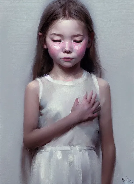 Prompt: realistic tender portrait of a young cute girl who is crying but has a slight smile, symmetrical eyes, portrait illustration, trending on artstation, characterdesign, sharp focus, illustration, art by ruan jia, ghibli, elena shumilova, leah robinson