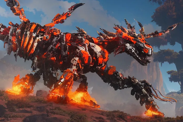 Image similar to fireclaw machine mecha animal beast robot of horizon forbidden west horizon zero dawn bioluminiscence global illumination ray tracing hdr fanart arstation by sung choi and eric pfeiffer and gabriel garza and casper konefal