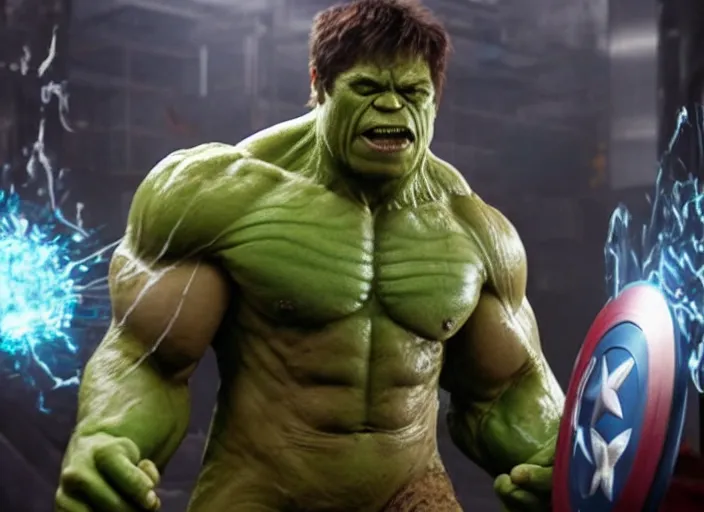 Image similar to film still of hulk bedazzling a shirt in the new avengers movie, 4 k