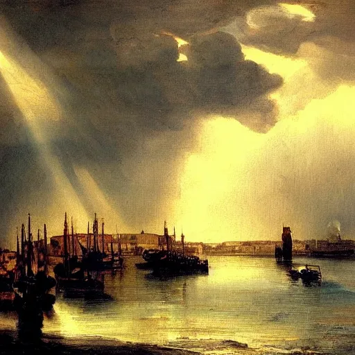 Image similar to oil painting of medieval harbour, storm clouds, sunrays, very very very very very beautiful bright art, american romanticism by goya