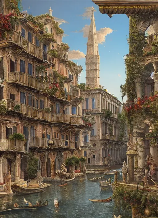 Image similar to venecian city scape, full colour, the alembic of literary dreams as decoration, full colour, 3 d shaded, by ernst haeckel, zbrush central,