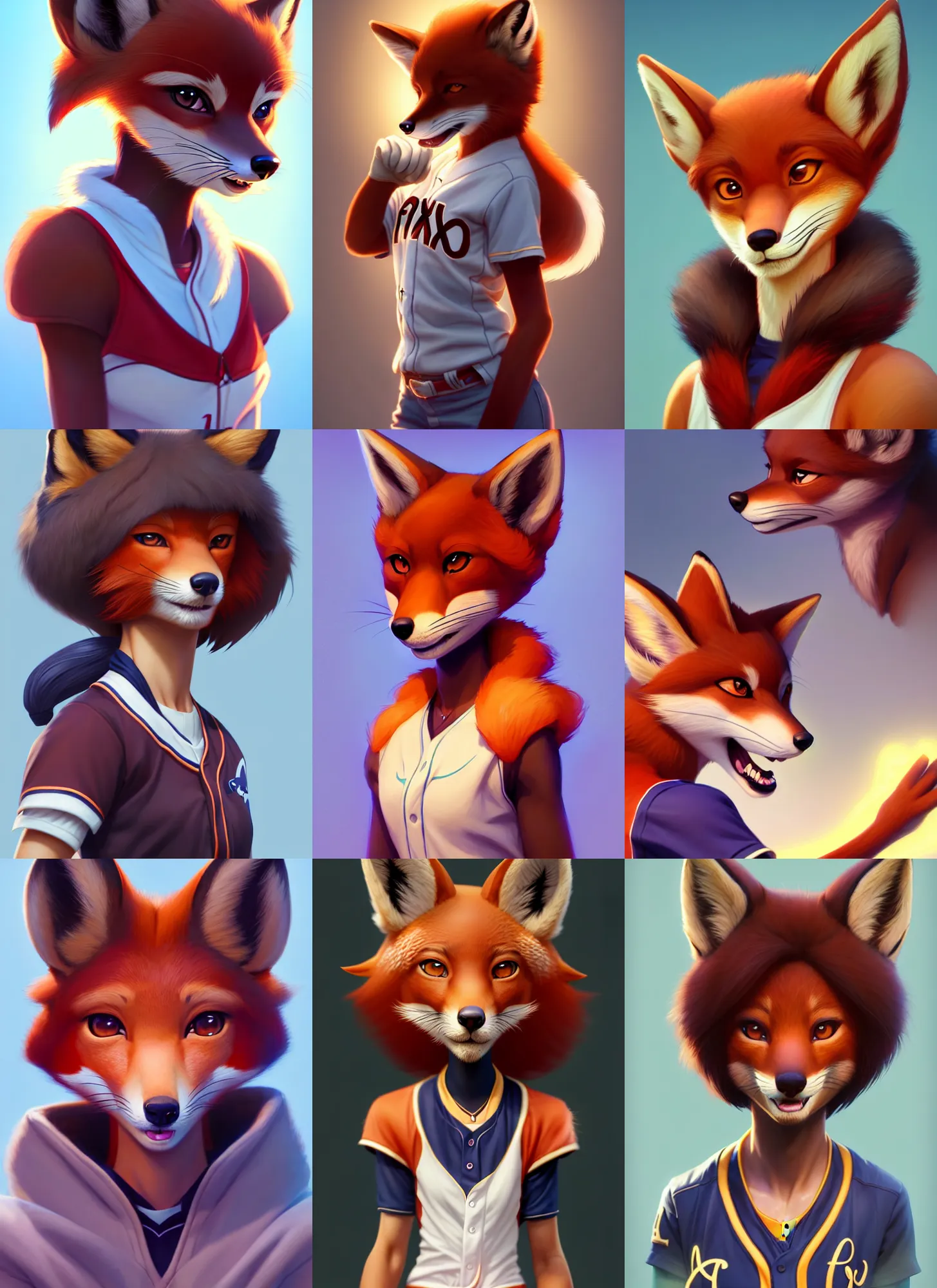 Image similar to beautiful portrait of a female anthropomorphic melanated fox fursona baseball player. character design by disney, charlie bowater, ross tran, artgerm, and makoto shinkai, detailed, soft lighting, rendered in octane