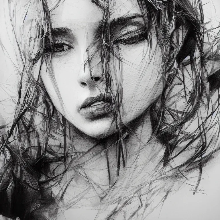 Image similar to beautiful detailed pencil sketch portrait by hopare, masterpiece, sharp, intricate, highly detailed, high contrast, stunning, artstation