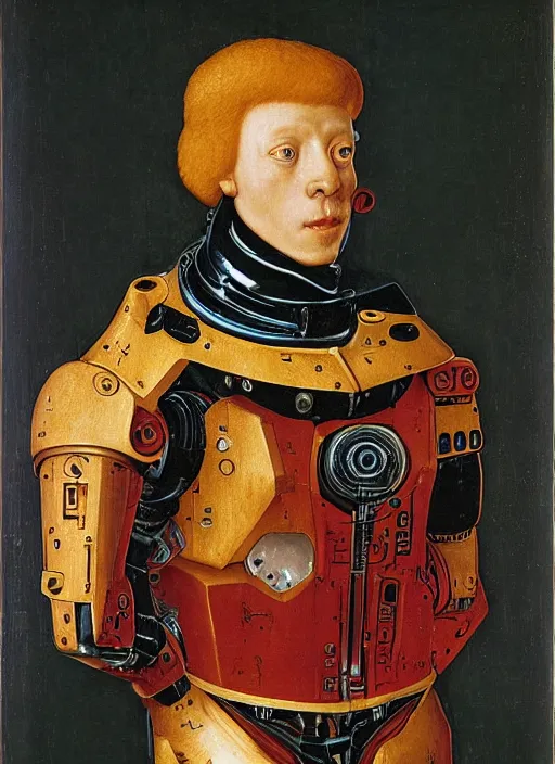 Image similar to a portrait of ED-209 by Jan van Eyck