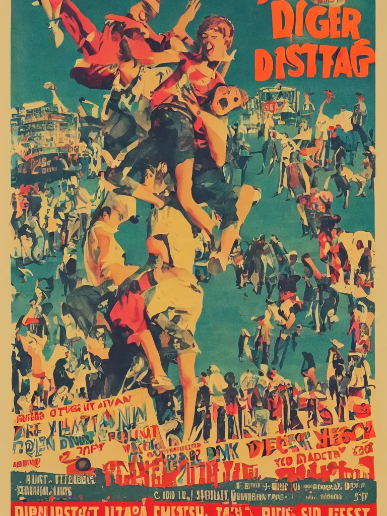 Image similar to poster for the diggerfest festival, digger land amusement park, concert, couple dancing, really good vibes, creative, 1 9 6 0 s, aesthetic