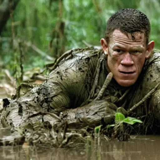 Image similar to film still of john cena as major dutch, covered in mud, hiding from the predator in swamp scene in 1 9 8 7 movie predator, hd, 8 k