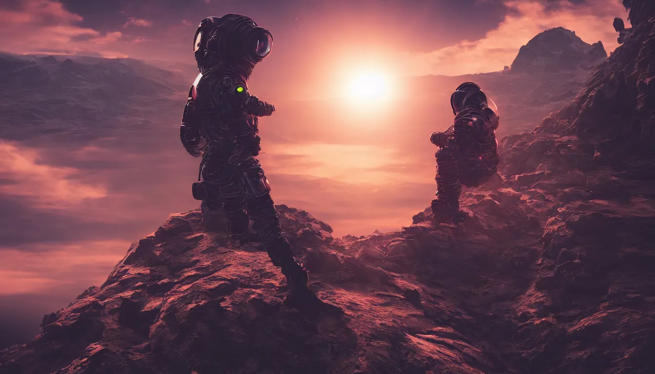 Prompt: cyberpunk astronaut sat on top of a mountain looking at the horizon of a unknown planet, close shot, sunset, cinematic, epic, dark scenario, 8k, award winning,
