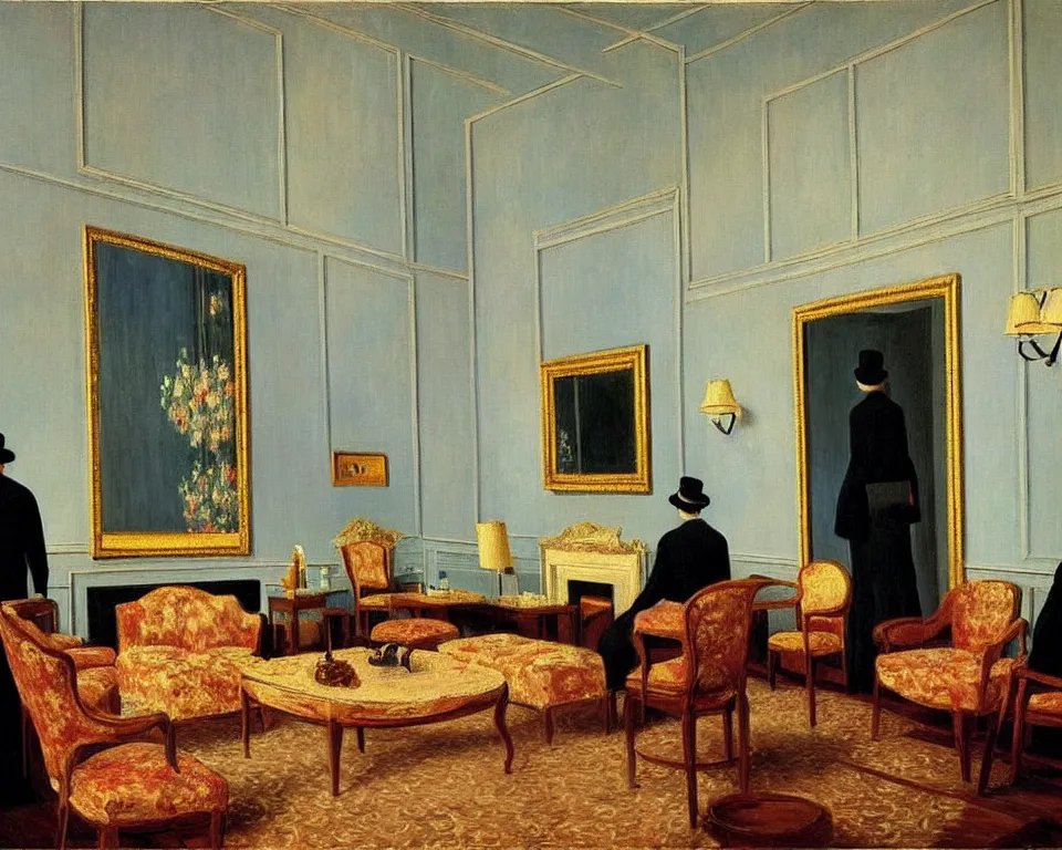 Prompt: achingly beautiful painting of a sophisticated, well - decorated, modern parlor by rene magritte, monet, and turner.