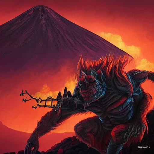 Image similar to “ a highly detailed red volcanic goblin, like magic the gathering, goblin chainwalker, with a volcano in the background, digital art, by christopher rush ” w 7 6 8