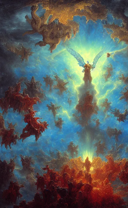 Image similar to hordes of demons and angels flying into a nebula portal in the sky, baroque architecture, detailed, vivid colors, masterpiece painting, octane render, volumetric lighting, cinematic, by gustave dore, by michelangelo, by beksinski