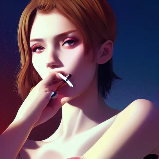Prompt: a woman holding a cigarette in her hand, an airbrush painting by ilya kuvshinov, cgsociety, digital art, ilya kuvshinov, digital painting, smokey background