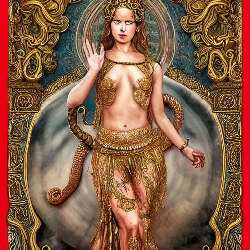 Prompt: realistic detailed dramatic symmetrical portrait of Jennifer Lawrence as Salome dancing, wearing an elaborate jeweled gown, by Michaelang, gilded details, intricate spirals, coiled realistic serpents, Neo-Gothic, gothic, Art Nouveau, ornate medieval religious icon, long dark flowing hair spreading around her