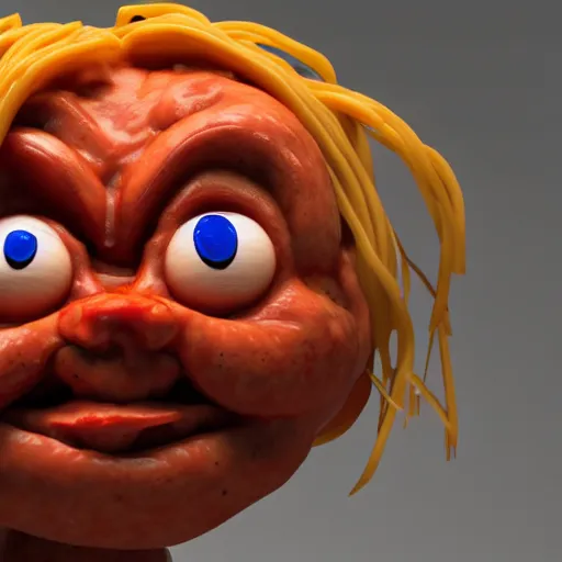 Image similar to spaghetti with meatballs shaped like screaming chucky doll, octane render