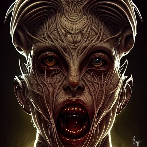 Prompt: symmetry!! portrait of grotesque alien, sci - fi horror, intricate, body horror, dark design, highly detailed, dark dynamic lighting, digital art, digital painting, artstation, smooth, sharp focus, illustration, art by artgerm and h r giger and greg rutkowski and alphonse mucha, 8 k - h 7 0 4