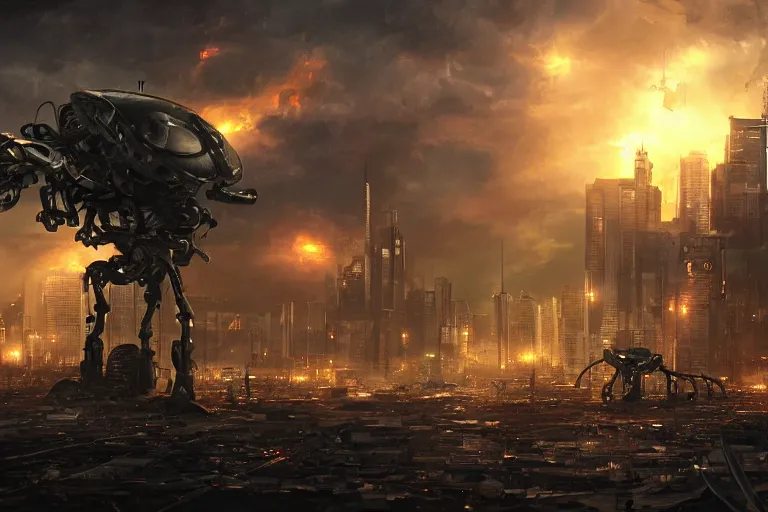 Prompt: alien robot tripods with multiple tendrils looming over a destroyed cityscape, night, backlit, sprites, hyperdetailed, cgsociety, artstation