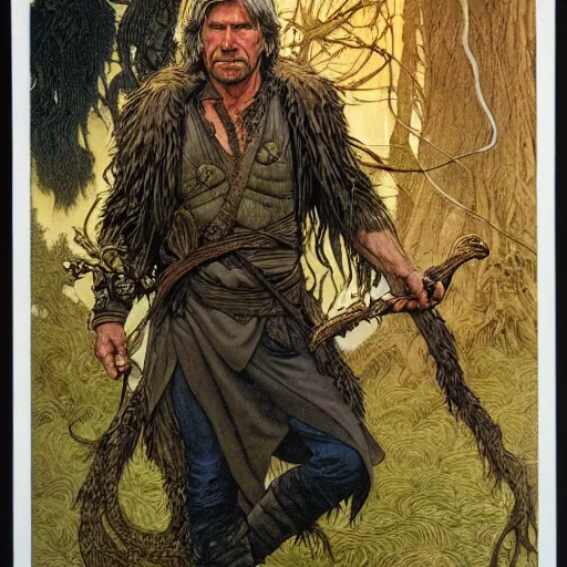 Image similar to a realistic and atmospheric portrait of harrison ford as a druidic warrior wizard looking at the camera with an intelligent gaze by rebecca guay, michael kaluta, charles vess and jean moebius giraud