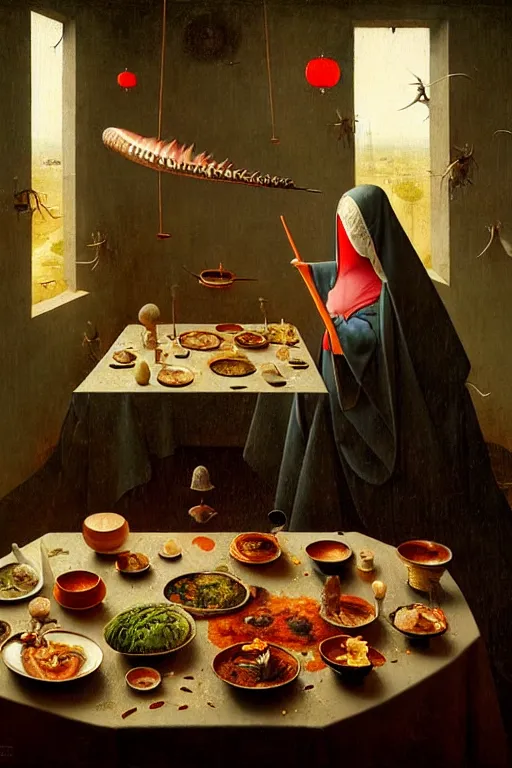 Image similar to hieronymus bosch, greg rutkowski, anna podedworna, painting of a succulent chinese meal