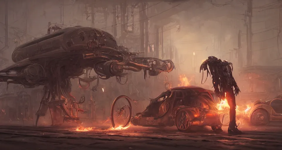 Prompt: a highly detailed epic cinematic concept art CG render digital painting artwork scene: a corpse revived with a smoking combustion engine. retrofuturistic 1920s cyberpunk steampunk. By Greg Rutkowski, Ilya Kuvshinov, WLOP, Stanley Artgerm Lau, Ruan Jia and Fenghua Zhong, trending on ArtStation, made in Maya, Blender and Photoshop, octane render, excellent composition, cinematic dystopian brutalist atmosphere, dynamic dramatic cinematic lighting, aesthetic, very inspirational, arthouse