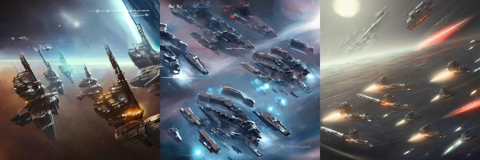 Prompt: highly detailed digital painting of a futuristic fleet of battlecruisers in space preparing for battle, 8k, trending on artstation,award-winning art, digital art