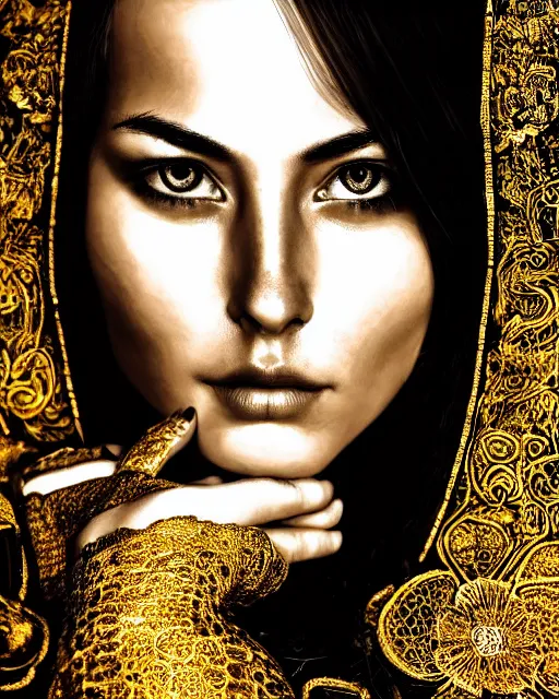 Image similar to ink painting portrait of woman in shining golden armor, high production value, intricate details, high resolution, hdr, high definition, masterpiece, realistic, ultrarealistic, highly detailed, hd, sharp focus, non blurry, sharp, smooth