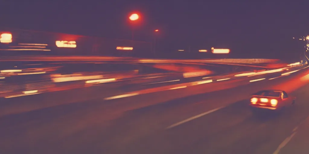 Image similar to 8 0 s movie still, high speed car chase on the highway at night with bright city in background, medium format color photography, 8 k resolution, arri 3 5 mm cinema, hyperrealistic, photorealistic, high definition, highly detailed, tehnicolor, anamorphic lens, award - winning photography, masterpiece