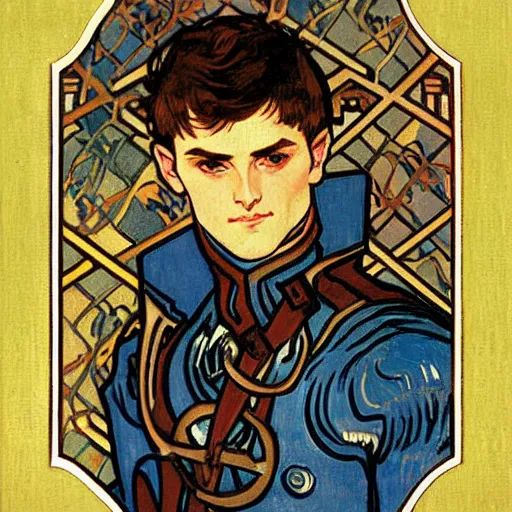 Prompt: portrait painting of young adult handsome human knight with short messy part buzzcut dark brown hair and blue eyes and strong jawline and small scar! under one eye named vidar, wearing armor!!, modest, masculine jawline!, squarish face shape, slightly round chin, art by alphonse mucha, vincent van gogh, egon schiele